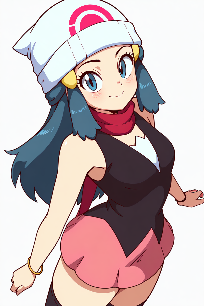 masterpiece, best quality, zzDawn, blue hair, blue eyes, sidelocks, long hair, bare shoulders, beanie, black shirt, black socks, bracelet, hat, jewelry, kneehighs, miniskirt, pink skirt, red scarf, scarf, shirt, skirt, sleeveless, sleeveless shirt, white headwear,  <lora:DawnPokemonIXL_e07:1.0>    <lora:DiivesIXL:1.0>,from above, dynamic pose, cowboy shot, smile, looking at viewer, shiny skin,
