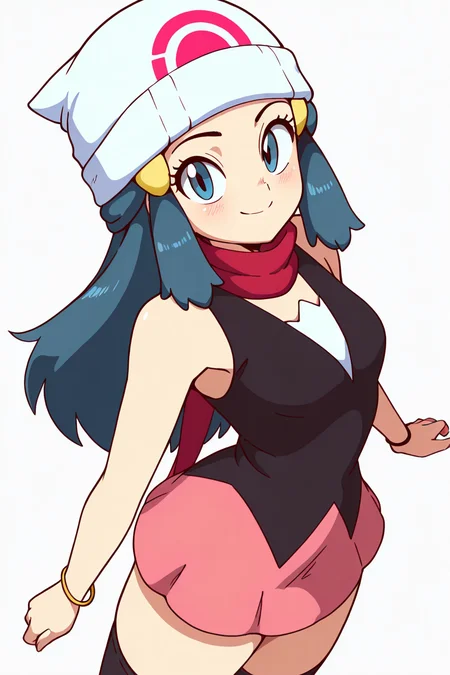 masterpiece, best quality, zzDawn, blue hair, blue eyes, sidelocks, long hair, bare shoulders, beanie, black shirt, black socks, bracelet, hat, jewelry, kneehighs, miniskirt, pink skirt, red scarf, scarf, shirt, skirt, sleeveless, sleeveless shirt, white headwear, <lora:DawnPokemonIXL_e07:1.0> <lora:DiivesIXL:1.0>,from above, dynamic pose, cowboy shot, smile, looking at viewer, shiny skin,