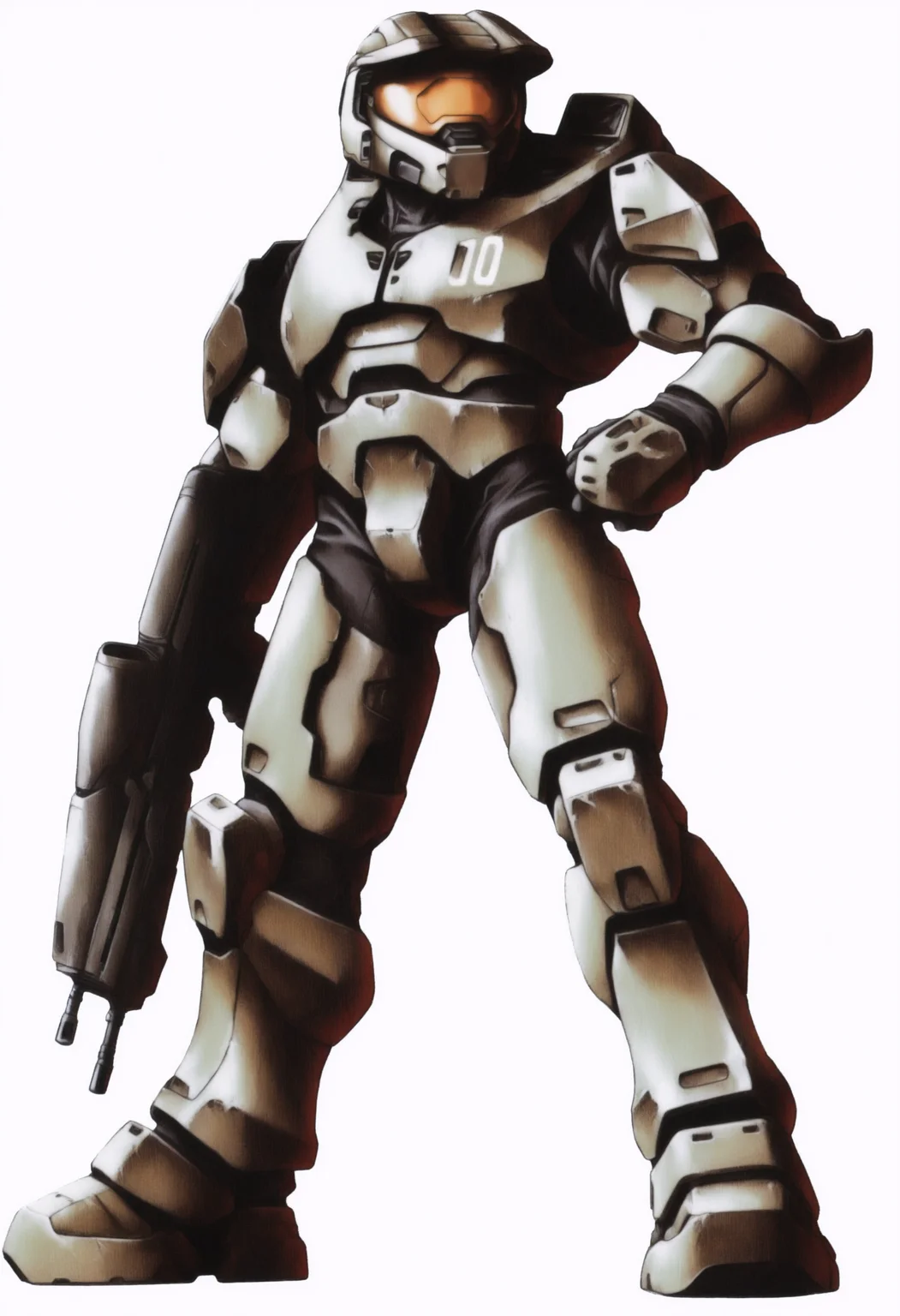 masterpiece, best quality, solo, 1boy, looking at viewer, <lora:FF7-Offical-Art-illus_Fp:1>, 1990s \(style\), simple background, white background, full body, standing, <lora:masterchief-halo-richy-v1_ixl:1>, masterchief, helmet, visor, power armor, assault rifle,