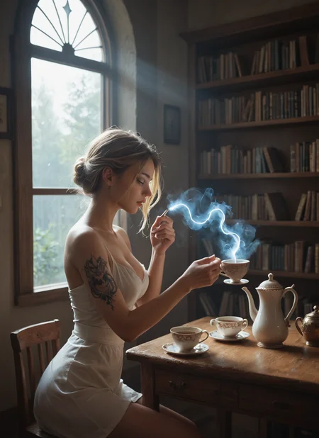 score_9, score_8_up, score_7_up,
Storm in a teacup, steam producing large whirlwind,
she is thin, tall, busty, sat with teaspoon in hand,
Cinematic lighting,couple,
masterpiece, best quality, highly detailed, sharp focus, dynamic lighting, cinematic lighting, volumetric lighting, realistic,eye catching,many shelves with books and many strange clocks, magic mirror, tattoo at her feet
