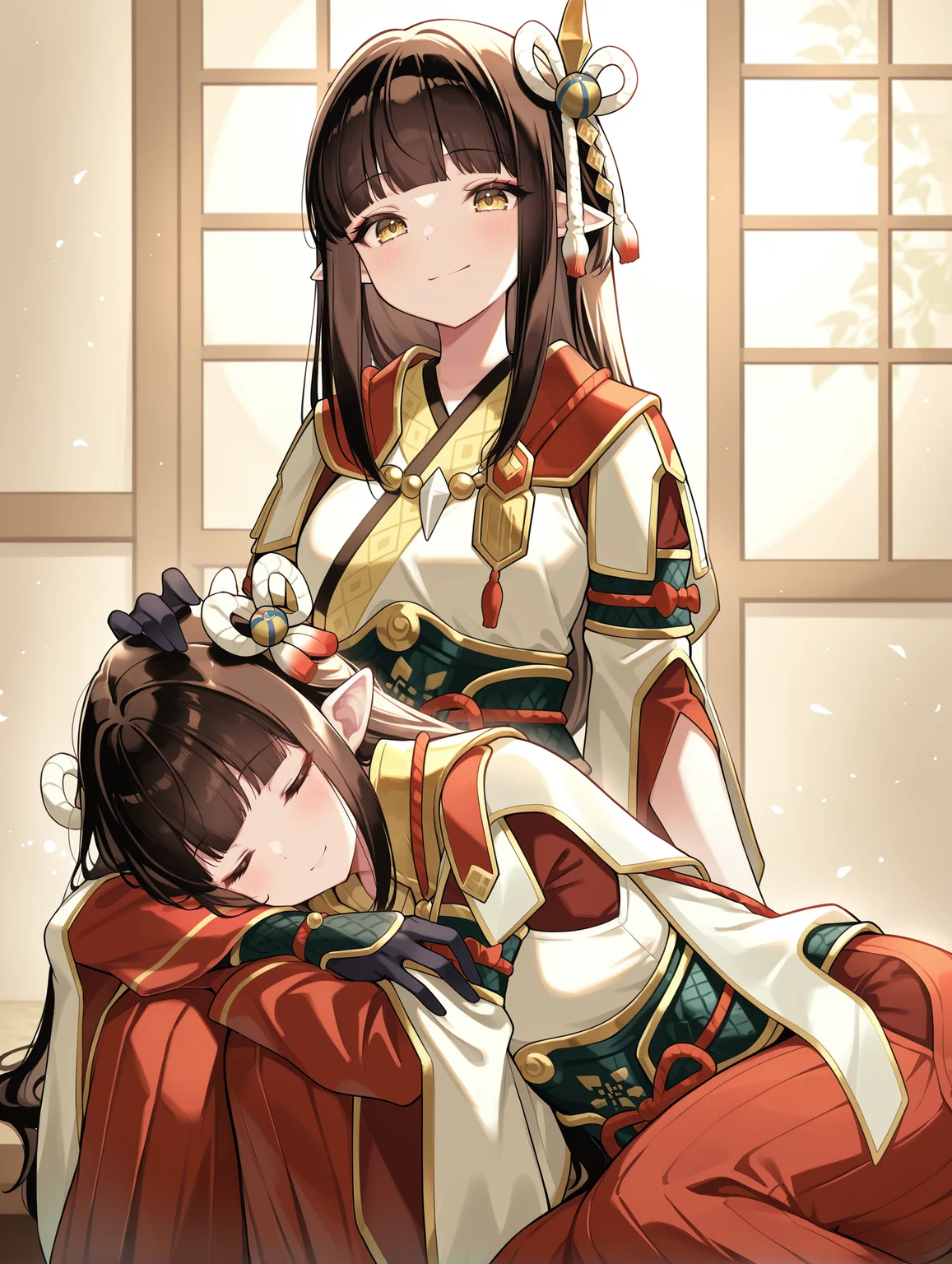 4 finger hands,twins,minoto,hinoa,2girls,smile,closed eyes,blush,looking at viewer,closed mouth,sitting,sidelocks,side hair ornament,white japanese clothes,black partially fingerless gloves,red hakama skirt,double hair ornament,white kimono,red sleeves,black gloves,sleeping on person,
masterpiece,best quality,amazing quality,very aesthetic,absurdres,newest,<lora:Minoto and Hinoa illuXL v1.1:0.8>,