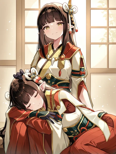 4 finger hands,twins,minoto,hinoa,2girls,smile,closed eyes,blush,looking at viewer,closed mouth,sitting,sidelocks,side hair ornament,white japanese clothes,black partially fingerless gloves,red hakama skirt,double hair ornament,white kimono,red sleeves,black gloves,sleeping on person,
masterpiece,best quality,amazing quality,very aesthetic,absurdres,newest,<lora:Minoto and Hinoa illuXL v1.1:0.8>,