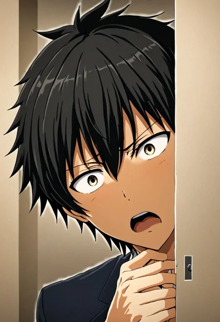 high resolution, solo, best quality, 1Boy, Seiya Kanie, black hair, short hair, thin, surprised, peeking out, OverallDetail
