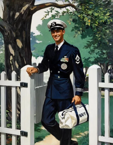 a NPrice vintage painting depicting a sailor, a Sargent,  smiling and carrying a duffel bag.Returning home after World War 2.  The sailor, dressed in a white uniform with a black necktie, is shown from the waist up, walking to the right with a large white bag slung over his left shoulder. His right hand is gripping the top rail of a white picket fence, indicating he is in motion towards the viewer. The bag appears full and heavy, with the words "U.S. NAVY" visible on its side. The sailor's white cap sits atop his head, and he has a positive, bright expression on his face. Details of his uniform include stripes on the sleeves and a badge on the left side of his chest. He is framed by foliage, including a tree trunk on the left and branches with bright green leaves towards the upper right corner. Light and shadows play across the scene; a white sphere tops the fence post in the foreground and another closer to the sailor. The ground is a light, neutral color, suggesting a sidewalk or path.<lora:NPrice1-000006:1>