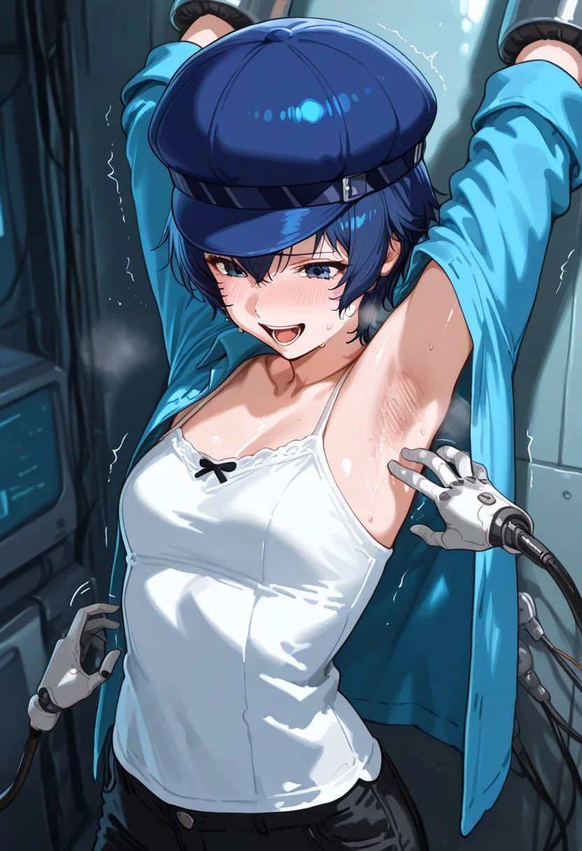 score_9, score_8_up, score_7_up, source_anime, masterpiece, high quality, best quality, highly detailed, insanely detailed, very aesthetic, absurdres, indoors, underground, sci-fi lab, dark room, machinery, hot temperature, sultry room, depth of field, front view, upper body, tickling, tkl, armpit tickling, stationary restraints, metal restraints, mechanical hands,
BREAK,
1GIRL, solo, na0todancing, short hair, blue hair, blue eyes, blue headwear, cabbie hat, blue eyes, blue shirt, collared shirt, long sleeves, rolled up sleeves, unbuttoned shirt, open shirt, white camisole, black pants, armstb, armpit stubble, (shiny skin, sweat), five fingers, laughing, trembling, feeling ticklish, exhausted, tired, swelter, feeling hot, very sweaty skin, dripping sweat, sweating, steaming body, arms up, stretched arms, stretched legs, restrained,
