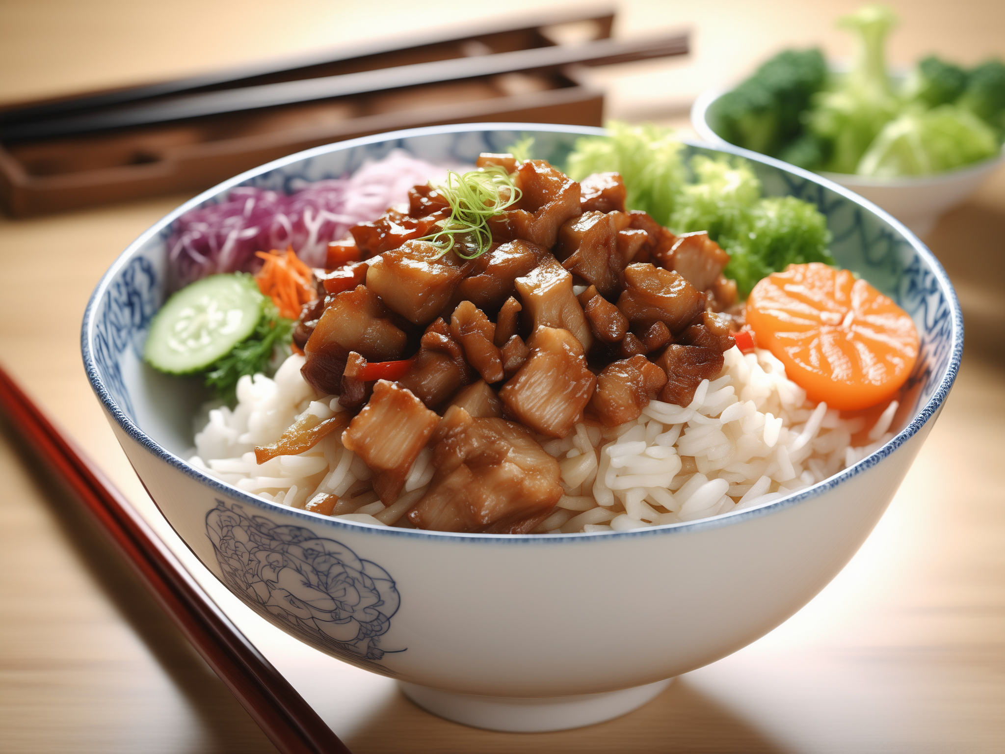 raw photo,A high-resolution, hyper-realistic image of a bowl of delicious Robabon, a popular dish in Asian cuisine. The Robabon is cooked to perfection, with a sticky and thick texture. It's topped with a variety of colorful vegetables and meat, creating a vibrant and appetizing display. The bowl is placed on a rustic wooden table, with a pair of chopsticks resting on the side. The scene is set in a homey kitchen environment, with all elements in sharp focus, creating a clear and detailed image. The lighting should be natural and soft, highlighting the appetizing qualities of the Robabon and the cozy atmosphere of the setting,  <lora:robabon:0.7>,robabon