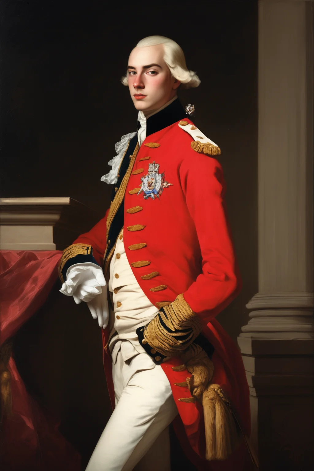 John Singleton Copley Style - english royal officer 18 years old in red uniform from 18th century with no beard and short golden hair in a dignified posture