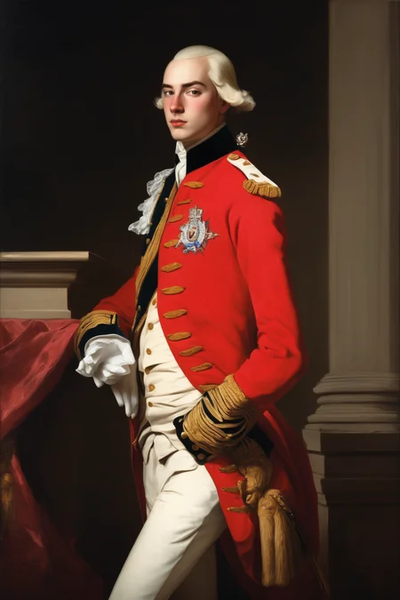 John Singleton Copley Style - english royal officer 18 years old in red uniform from 18th century with no beard and short golden hair in a dignified posture