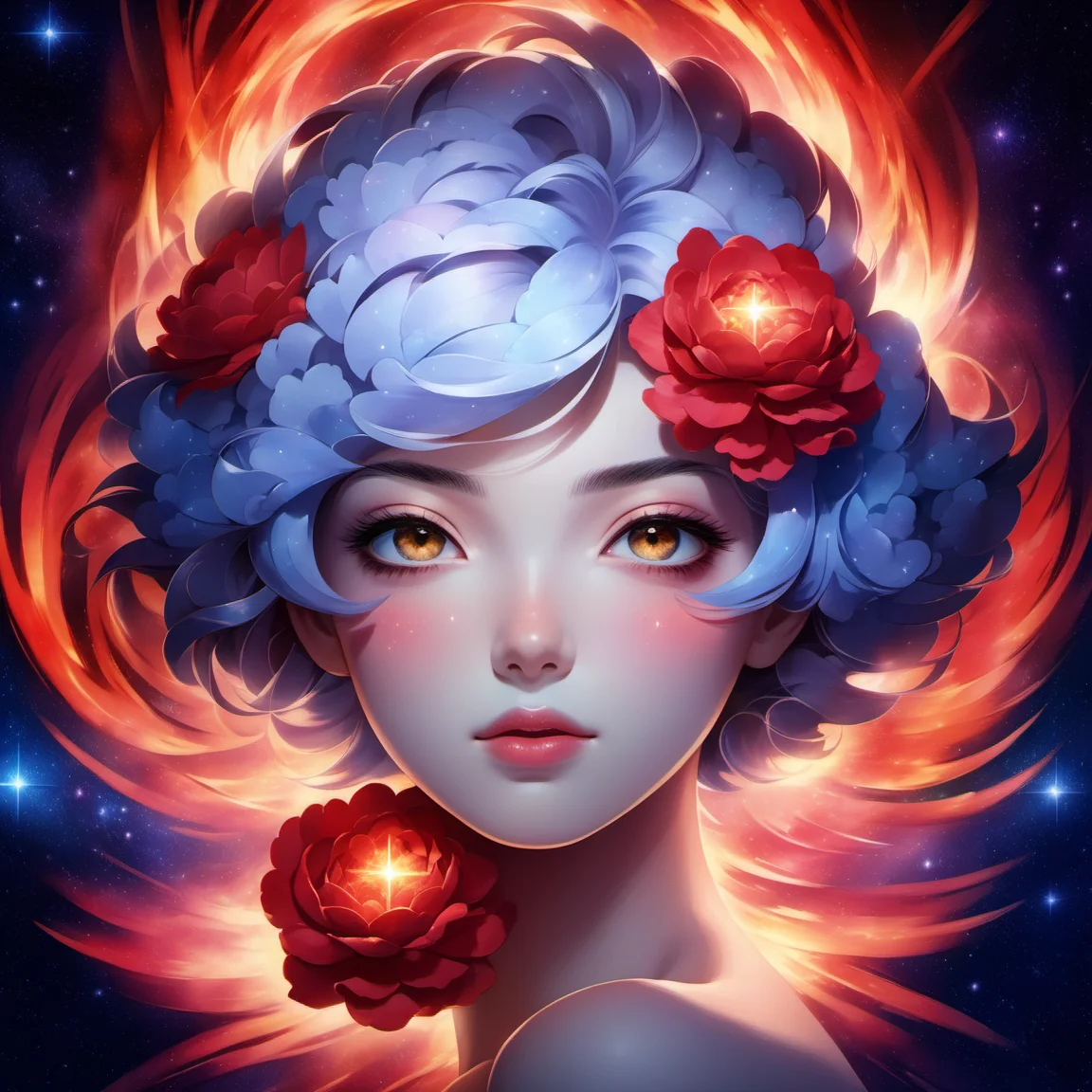flowerart, flower,sky,fire,star sky,red flower,painting <lora:flower_art:1>, Closeup face portrait, smooth soft skin, beautiful eyes, intricate colored hair, symmetrical, anime wide eyes, soft lighting, detailed face, by makoto shinkai, stanley artgerm lau, wlop, rossdraws, concept art, digital painting