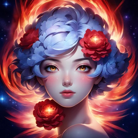 flowerart, flower,sky,fire,star sky,red flower,painting <lora:flower_art:1>, Closeup face portrait, smooth soft skin, beautiful eyes, intricate colored hair, symmetrical, anime wide eyes, soft lighting, detailed face, by makoto shinkai, stanley artgerm lau, wlop, rossdraws, concept art, digital painting