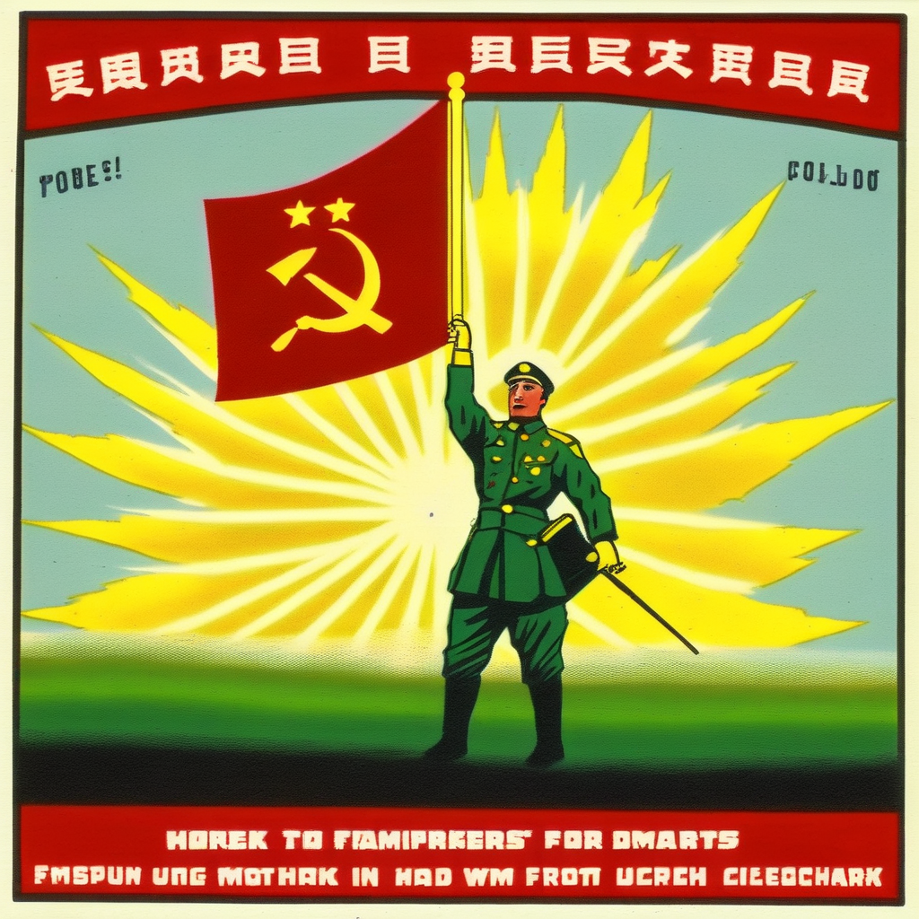 Envision a classic communist propaganda poster in bold and vibrant colors. Dominating the upper half of the poster is a large sun with radiant beams, symbolizing hope and a bright future. Emerging from the sun are stylized depictions of workers from various professions: a farmer holding a sickle, a factory worker wielding a hammer, and a soldier holding a flag. These figures represent unity and strength of the working class. They are drawn in strong, heroic poses, looking towards the horizon, embodying the idealism of the movement. Below them, a crowd of people of all ages are shown, all looking up towards the dominant figures with admiration, symbolizing the collective support of the nation. Bold, sweeping red banners stream across the poster, displaying slogans that promote unity, strength, and progress. The overall color palette should feature a lot of reds, blacks, and golds, traditional colors associated with communist propaganda,<lora:oldhkstyle:0.8>, <lora:SovietPunkAI:0.75> sovietpunkai