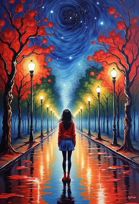 yfg-liqd, Impressionist oil painting with bright, saturated colors, portraying a young woman standing on a wet street at night, surrounded by colorful autumn trees, glowing streetlights, a vibrant sky with swirling stars, and reflective puddles that mirror the vibrant hues of the surroundings.