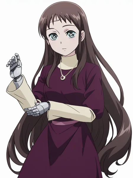 score_9, source_anime, masterpiece, best quality, white background, <lora:Mina_PDXLv0.1:0.8> mina, long hair, dark dress with tan sleeves, necklace, solo, dark brown pantyhose, robot fingers,, detailed, beautiful