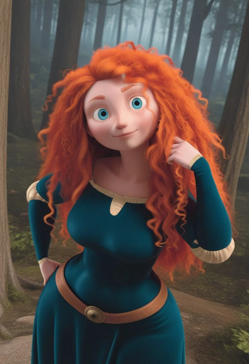 highres, hi res, best quality, masterpiece, official style, screencap, 3d, 
1girl, (MeridaXL:1), red hair, blue eyes, curly hair, big hair, freckles, green dress, long sleeves,
light smile, dutch angle, sexy pose, (one hand on hair, one hand on hips:1.1), looking at viewer, from above, solo, dynamic pose, cowboy shot, head tilt, sexually suggestive, outdoors, forest, vegetation, thick thighs, wide hips, large breasts, saggy breasts, curvy, 
 <lora:MeridaBraveXLV2_Character:1>