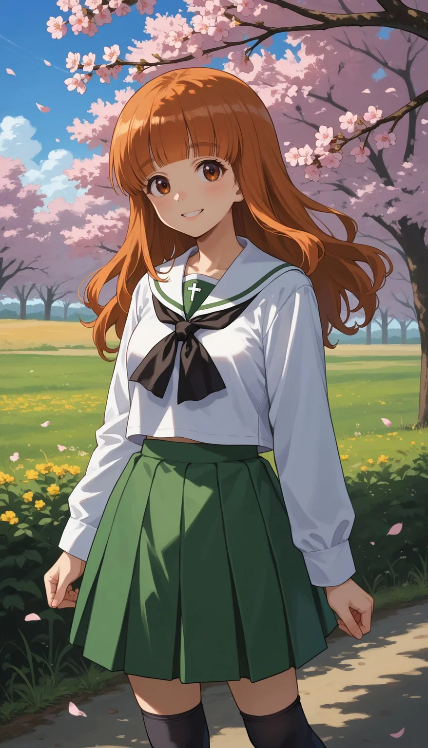 score_9, score_8_up, score_7_up, source_anime,
,outdoors,cherry blossoms,standing,cowboy shot,smile, flower field,
<lora:Takebe Saori:1> takebe saori, blunt bangs, long hair, orange hair, ooarai school uniform,white sailor collar,black neckerchief,white shirt,long sleeves,green skirt,black socks,loafers