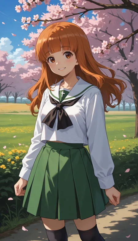 score_9, score_8_up, score_7_up, source_anime,
,outdoors,cherry blossoms,standing,cowboy shot,smile, flower field,
<lora:Takebe Saori:1> takebe saori, blunt bangs, long hair, orange hair, ooarai school uniform,white sailor collar,black neckerchief,white shirt,long sleeves,green skirt,black socks,loafers