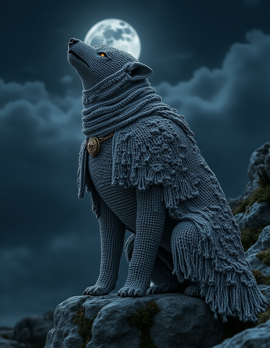 Illustrate a wolf wearing ral-kntarmr, with intricately crocheted fabric in silvery gray tones, designed to resemble medieval chainmail. The armor covers its torso and legs, with small, ornate details like swirling patterns and a crest on its chest. The wolf stands on a rocky outcrop under a moonlit sky, howling into the night.
<lora:ral-kntarmr-flux:1>