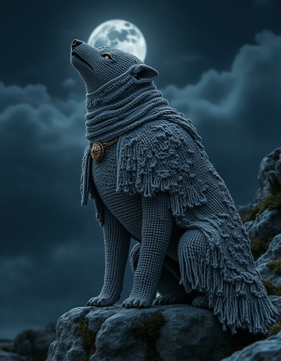 Illustrate a wolf wearing ral-kntarmr, with intricately crocheted fabric in silvery gray tones, designed to resemble medieval chainmail. The armor covers its torso and legs, with small, ornate details like swirling patterns and a crest on its chest. The wolf stands on a rocky outcrop under a moonlit sky, howling into the night.
<lora:ral-kntarmr-flux:1>