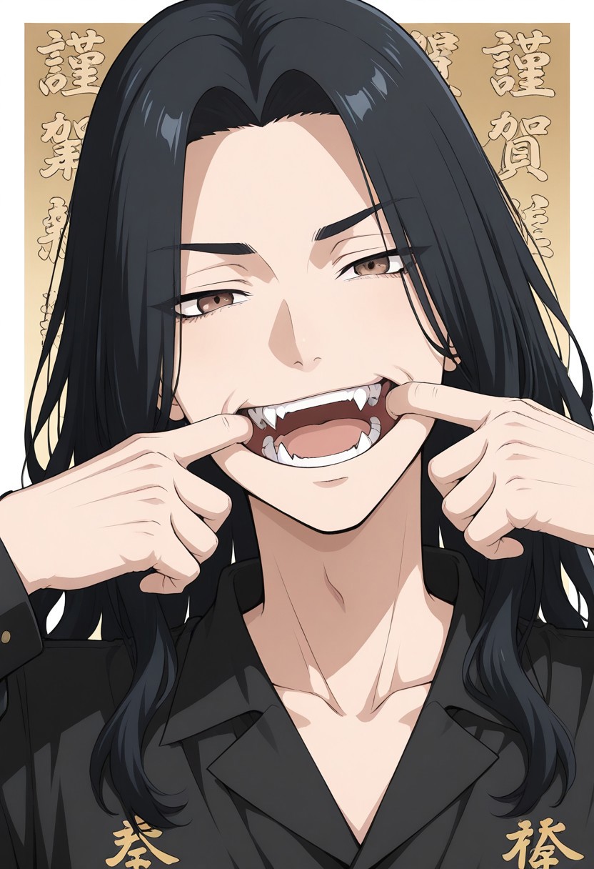 masterpiece, best quality, newest, absurdres, very aesthetic, highres, perspective, TRbaji, 1boy, male focus, black hair, long hair, curtained hair, wavy hair, brown eyes, black collared shirt, long sleeves, kanji, portrait, looking at viewer, smug, mouth pull, open mouth, teeth, fangs, animal background