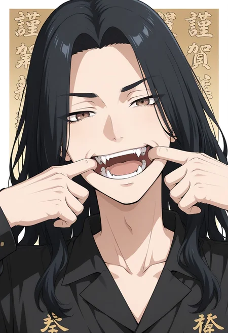 masterpiece, best quality, newest, absurdres, very aesthetic, highres, perspective, TRbaji, 1boy, male focus, black hair, long hair, curtained hair, wavy hair, brown eyes, black collared shirt, long sleeves, kanji, portrait, looking at viewer, smug, mouth pull, open mouth, teeth, fangs, animal background