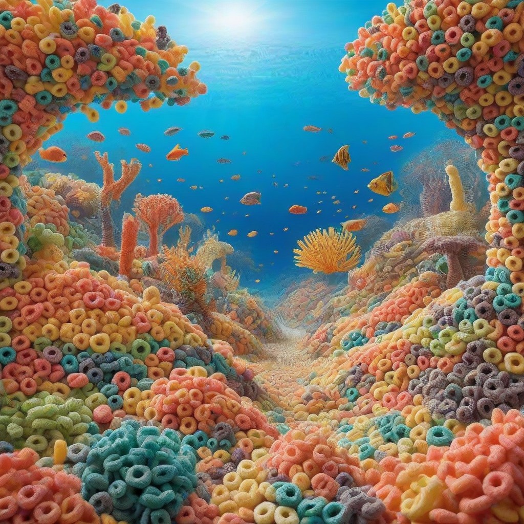 (masterpiece, best quality, very aesthetic, score_9, score_8_up, score_7_up), made of fruit loops, (view of ocean floor), beautiful views, coral, colorful coral, fish swimming by