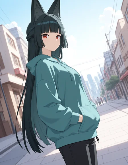 masterpiece, best quality, high quality, 1girl, solo, hoshimi miyabi \(zzz\), <lora:iMiyabi:0.9>, casual, hoodie, pants, hands in pockets, looking at viewer, expressionless, sky, street, city,
dutch angle, anime screenshot, anime coloring, flat color, masterpiece, best quality, very aesthetic, aesthetic, absurdres, highres, detailed, beautiful color, amazing quality, sensitive