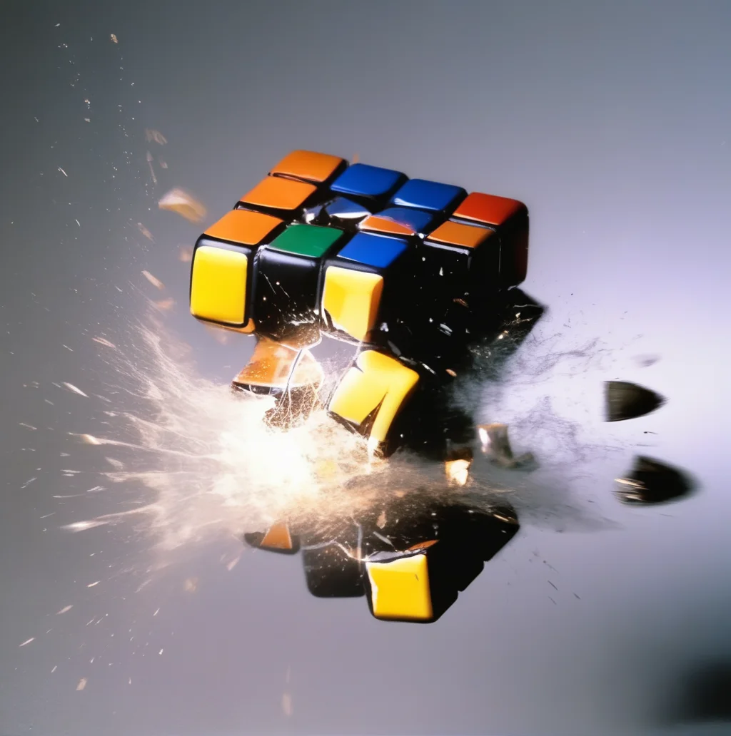 motioshot a Rubik's Cube bullet-pierced, exploding Rubik's Cube high-speed photography <lora:motioshot:1>