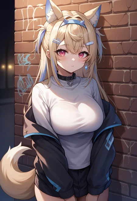 score_9, score_8_up, source_anime, 1girl, solo, FuwawaAbyssgard, long hair, two side up, streaked hair, hairband, hairclip, tail, earrings, sharp eyes, choker, neon shirt, open jacket, turtleneck sweater, night, against wall, brick wall, graffiti, dim lighting, alley, looking at viewer, <lora:ChamFuwawaAbyssgardPonyXL:1.0>