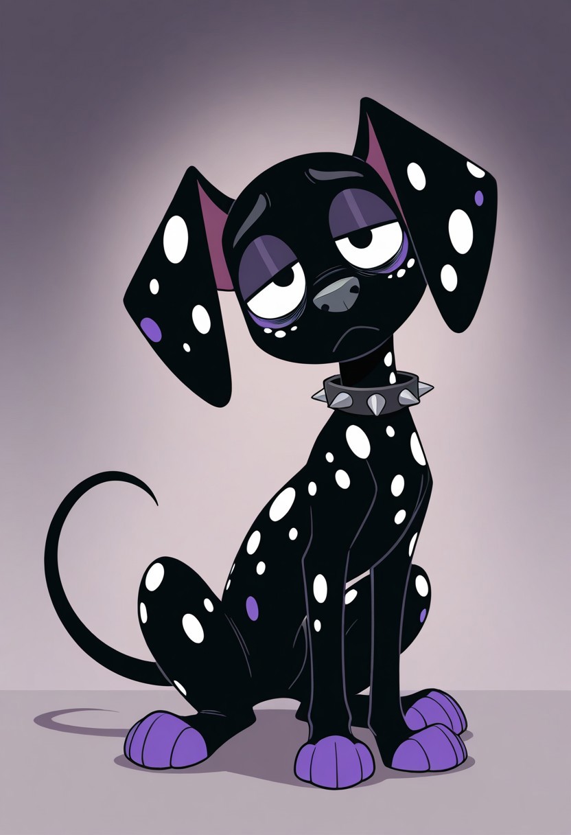 sunib3, SB, SB, masterpiece, best quality, amazing quality, Dante(101), solo, 1boy, dalmatian, dalmatian dog, feral, dog, dalmatian, black fur, white spots, purple spots, purple paws, gray nose, baggy eyes, pink bags under eyes, spiked collar, full body, head tilt, snout, looking at viewer, bored expression,