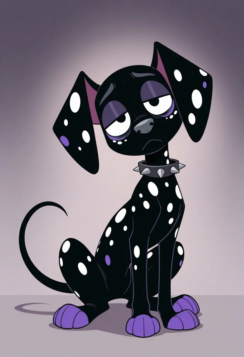 sunib3, SB, SB, masterpiece, best quality, amazing quality, Dante(101), solo, 1boy, dalmatian, dalmatian dog, feral, dog, dalmatian, black fur, white spots, purple spots, purple paws, gray nose, baggy eyes, pink bags under eyes, spiked collar, full body, head tilt, snout, looking at viewer, bored expression,