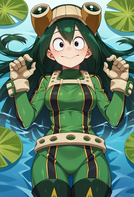 score_9, score_7_up, source_anime, solo, BREAK smile, arched back, on back, afloat, hands up, lily pad, <lora:Tsuyu_Asui_Pony:1> Asui_Tsuyu, green hair, black eyes, low-tied long hair, hair between_eyes, hair rings, medium breasts, green bodysuit, googles on head, white gloves, thigh boots, belt,