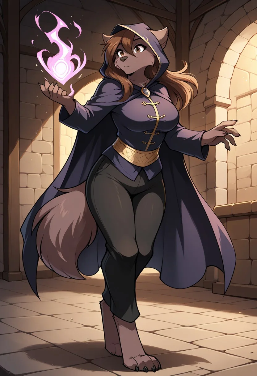 solo, furry female anthro, large breasts, hooded cloak, adventure, pants, action pose, casting magic, treasure hunt, waffles, mystery,(indoors, ancient temple, medieval fantasie), digitigrade,
<lora:Natani-Twokinds-ILXL-AnonTK-V5:0.8> , natani-twokinds, keidran, keidran, wolf tail, brown eyes, long hair,