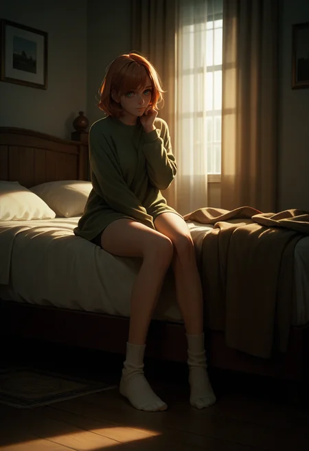 score_9, score_8_up, score_7_up, score_6_up, source_anime, masterpiece, newest,
1girl, cute, solo, full body, bedroom, socks, soft lighting, warm lighting, arm under chin
