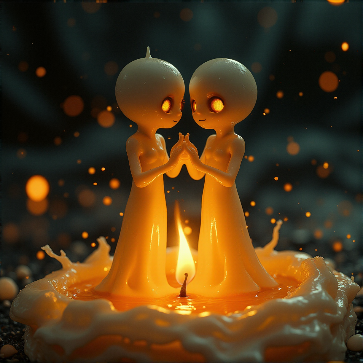 Two tiny wax-like spirits, resembling delicate humanoid figures, stand together inside a candleâs wick, their hands intertwined as they ignite into a single flame. Their eyes glow softly, reflecting the warmth of the fire, as they embrace their fate. The melted wax forms a liquid pedestal around them, like a protective cocoon. The scene is emotional, dark yet full of warmth, with a painterly fantasy aesthetic, soft brush strokes, and cinematic lighting.
masterpiece, best quality, high resolution, very aesthetic, absurdres, newest, professional, high-quality, hyper-realistic, detailed eyes, realistic body, cinematic still, particles, high contrast, (best quality:1.1), realistic, ultra-detailed, very aesthetic, amazing quality, HDR, 8K, volumetric light, atmospheric, soft lighting, captivating, breathtaking,