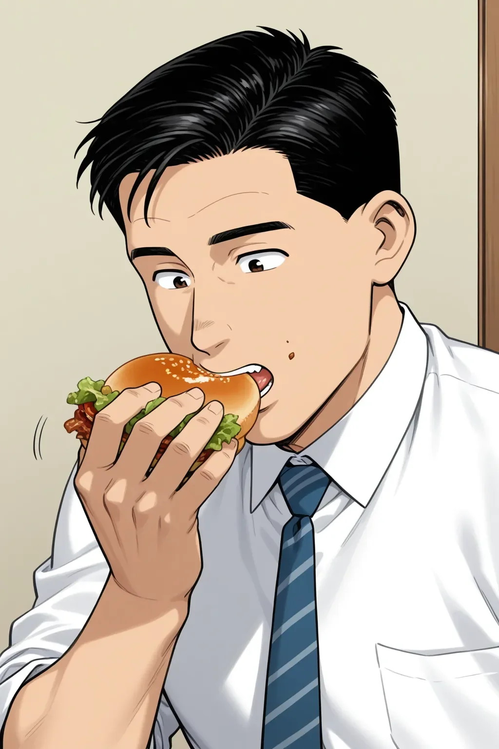 <lora:inogashira_goro_ilxl:1>masterpiece, best quality, inogashira_goro_ilxl. 1boy, male focus, solo, eating,