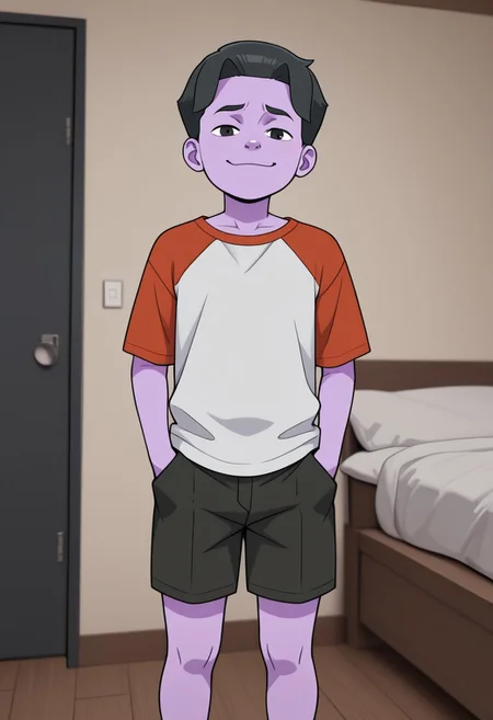 masterpiece, best quality, amazing quality, 1boy, solo, cute boy, male focus,1boy,Oliver, Black Hair, Black Eyes, Purple Skin, Colored Skin,detailed skin, shaded skin,standing,t-shirt, raglan sleeves, shorts,hands in pockets,smug,looking at viewer,bedroom,