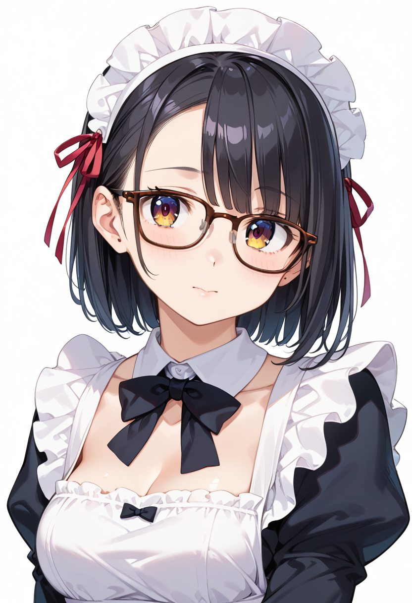 score_9, score_8_up, score_7_up, rating_safe, masterpiece, best quality, absurdres, unity 8k wallpaper, official art, official style, source_anime, uncensored, game cg, megami magazine,
1girl, solo, black hair, medium hair, upper body, covered eyes,maid, maid headdress, black dress, maid apron, face focus,
Wellington24S, glasses, white background, simple background, brown-framed eyewear
 <lora:glasses_Wellington24S_PONY_V1:1>