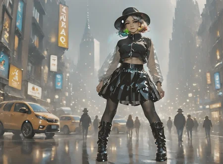 score_9, score_8_up, score_7_up, setting focus, character in foreground, establishing shot, 1girl, pale skin, medium breasts, <lora:sm0k3XLP:1>, <lora:goth_clothes:1>, (black sunhat, black stockings, black skirt, black top, zipper boots, neon hair color, two tone hair, <lora:_sdxl-gaming-pony:1>, <lora:vivid_everclear:1>,