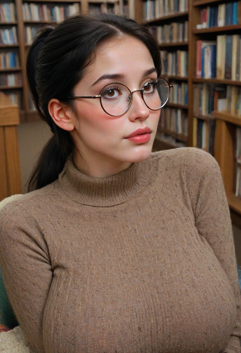 street photography, dull day, Tiaris, Tia is a beautiful girl in her middle 20s, teeth, black hair,low ponytail,  dark eyes, small round glasses, pale skin, freckles, candid, shy, prudish, sitting in a the reading room of a public library, huge top, (fully clothed)), thick clothing, black sweater, dark clothing, detailed face, detailed hair