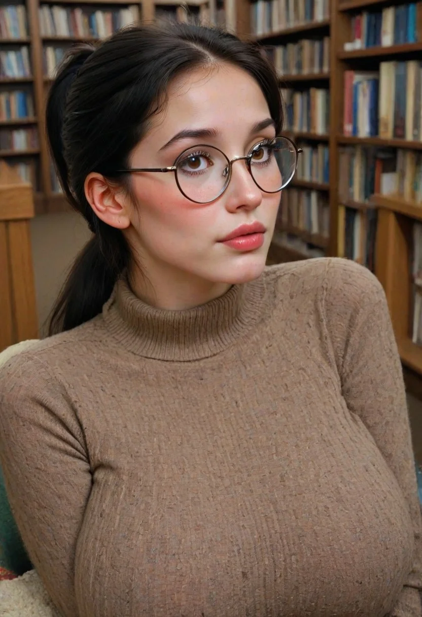 street photography, dull day, Tiaris, Tia is a beautiful girl in her middle 20s, teeth, black hair,low ponytail, dark eyes, small round glasses, pale skin, freckles, candid, shy, prudish, sitting in a the reading room of a public library, huge top, (fully clothed)), thick clothing, black sweater, dark clothing, detailed face, detailed hair