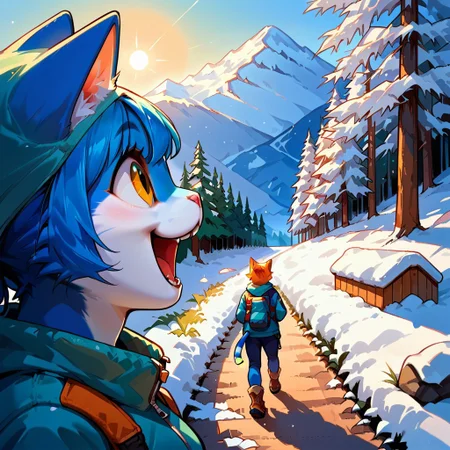 blue anthro cat, Audr3yC4t, 
core_9, score_8_up, score_7_up, source_anime, hiking in a blizzard, hiking jacket, hiking boots, snow, low visibility, white background, close up, smiling, open mouth,