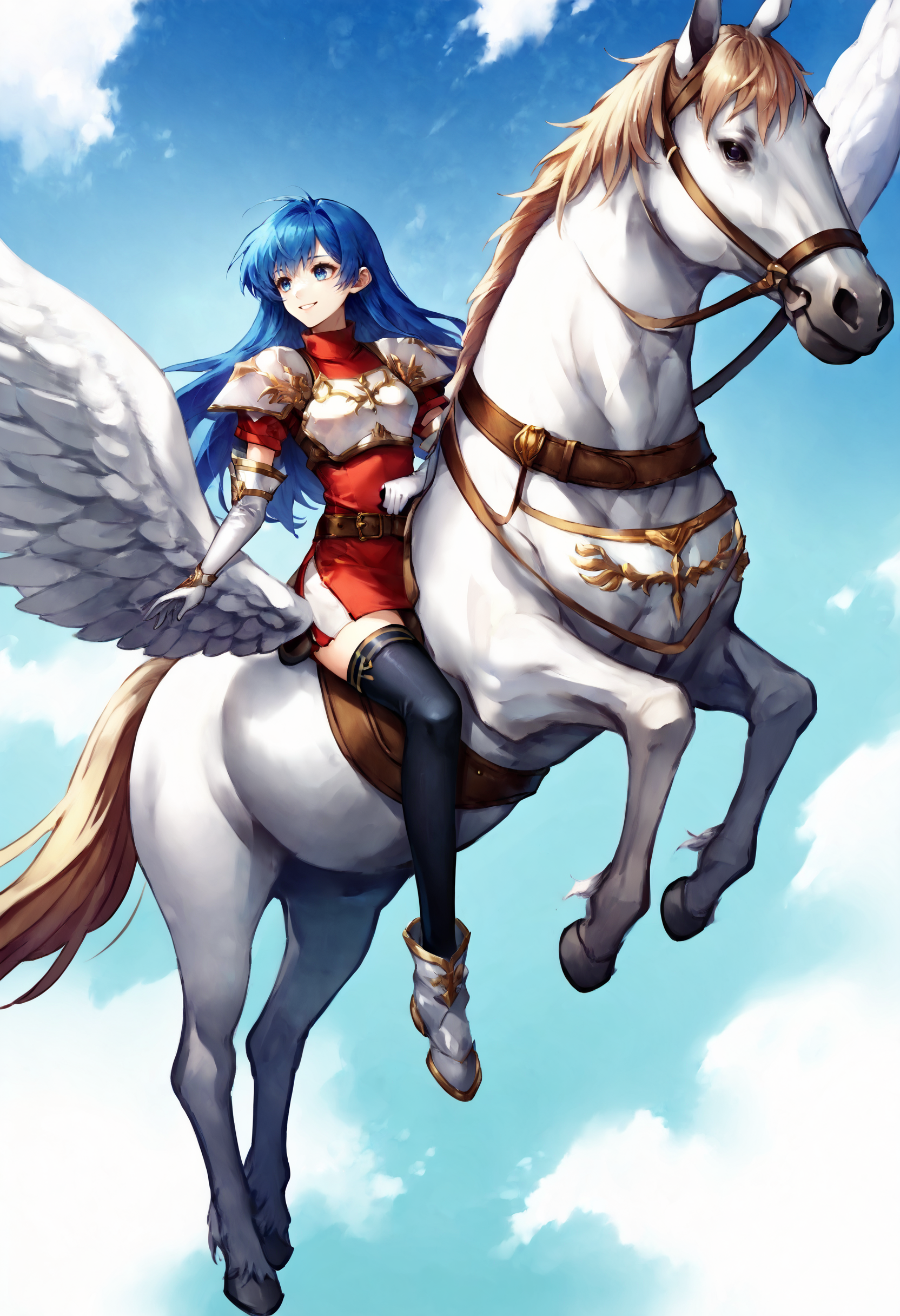 score_9,score_8_up,score_7_up,extreme detailed,full_body,zPDXL BREAK sky,flying,
<lora:Pony_DetailV2.0:1>,pegasus knight,horse,horseback riding,pegasus,<lora:pegasus knight:0.8>,caedadef,blue eyes,blue hair,long hair,bangs,turtleneck,red shirt,shoulder armor,pauldrons,breastplate,multiple belts,brown belt,white gloves,elbow gloves,red skirt,black thighhighs,white boots,<lora:caeda-fe-richy-v1_pdxl:1>,smile,