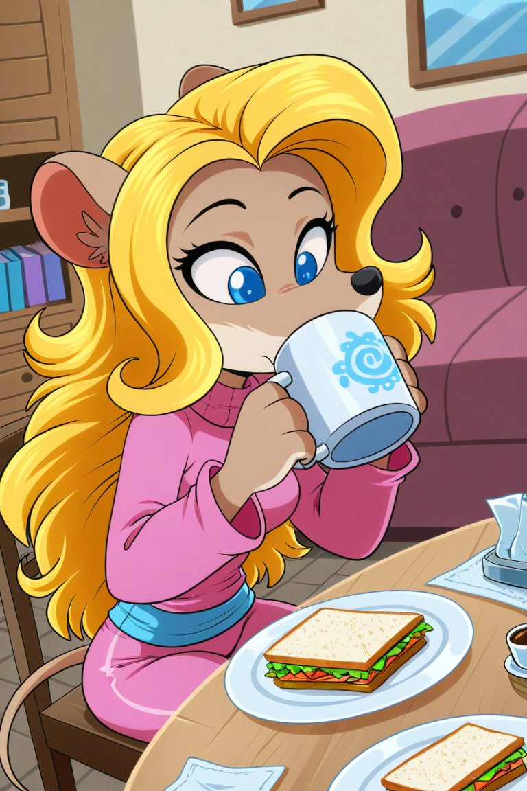 masterpiece, best quality, amazing quality, very aesthetic, high resolution, ultra-detailed, absurdres, newest, lonbluewolf BREAK 1girl, solo,colette, anthro, furry female, mouse ears, mouse tail, blue eyes, pink shirt, pink pants, sitting, on chair, drinking coffee, coffee mug, napkin, napkin holder, chairs, tables, plate on table, sandwich on plate, indoors, living room