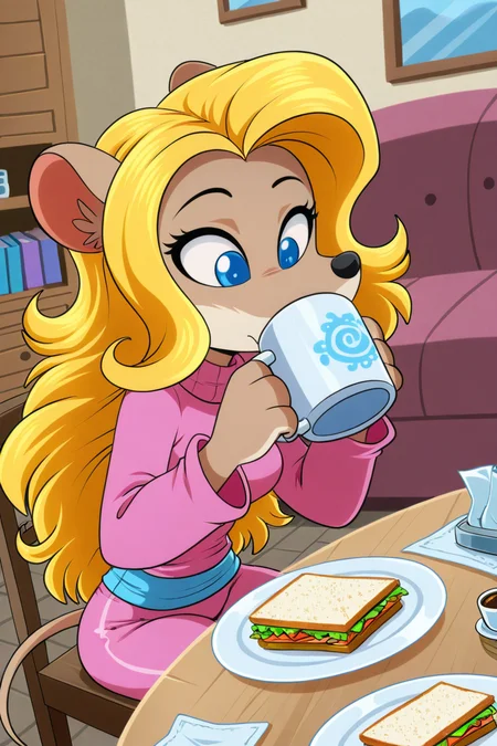 masterpiece, best quality, amazing quality, very aesthetic, high resolution, ultra-detailed, absurdres, newest, lonbluewolf BREAK 1girl, solo,colette, anthro, furry female, mouse ears, mouse tail, blue eyes, pink shirt, pink pants, sitting, on chair, drinking coffee, coffee mug, napkin, napkin holder, chairs, tables, plate on table, sandwich on plate, indoors, living room
