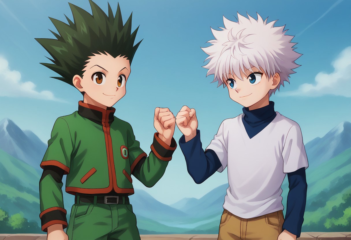 score_9, score_8_up, score_7_up, source_anime, highly detailed, 2boys
gonfreecs, 1boy, male focus, green hair, spiked hair, shorts, smile, upper body, brown eyes,  belt, looking at viewer, jacket, green jacket,
killuazoldick, 1boy, male focus, shorts, white hair, blue eyes, shirt, long sleeves, layered sleeves, spiked hair, short over long sleeves, short hair, short sleeves, bangs, turtleneck, blue shirt, grey shirt,
outdoor, sky, smile, looking at another, eye contact, fistbump,