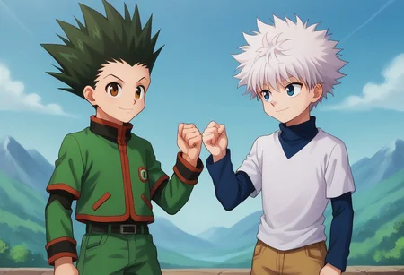 score_9, score_8_up, score_7_up, source_anime, highly detailed, 2boys
gonfreecs, 1boy, male focus, green hair, spiked hair, shorts, smile, upper body, brown eyes, belt, looking at viewer, jacket, green jacket,
killuazoldick, 1boy, male focus, shorts, white hair, blue eyes, shirt, long sleeves, layered sleeves, spiked hair, short over long sleeves, short hair, short sleeves, bangs, turtleneck, blue shirt, grey shirt,
outdoor, sky, smile, looking at another, eye contact, fistbump,
