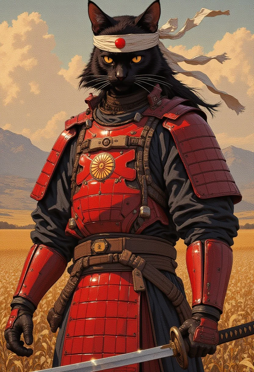 A humanoid (black cat) wearing red samurai armor. He is wearing a white headband with the Japanese rising sun on it. Holding a katana He is in a field.
Full body
Cinematic lighting, volumetric lighting, 8k quality