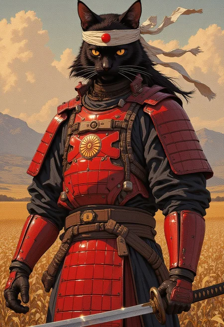 A humanoid (black cat) wearing red samurai armor. He is wearing a white headband with the Japanese rising sun on it. Holding a katana He is in a field. 
Full body
Cinematic lighting, volumetric lighting, 8k quality