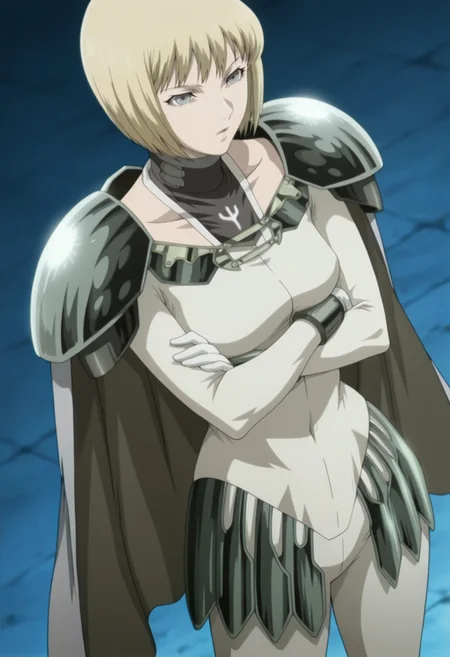 anime screencap, anime coloring, 1girl, solo, <lora:DX888ClareIL:1> clare, blonde hair, grey eyes, blonde hair, bob cut, cape, bodysuit, pauldrons, BREAK blue background, mosaic background, BREAK from above, dutch angle, contrapposto, crossed arms,