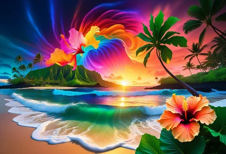 zavy-fltlnpnt, an island, a magical island setting in hawaii, made up of surreal imagery, colorful lights of a beautiful sunset swirl and streak across the sky creating fantastical imagery. Magical scenery blending the ideas of cool relaxing ocean waves and swaying green palm trees, beautiful hibiscus flowers blooming in all various colors leaving a soothing calm and colorful spectacle of wonder. Colorful light show, thick lines, line art, flat art, enhanced background, creative, beautiful, vibrant, masterpiece, 8k, Ultra HD, amazing details, amazing quality, amazing artist, sharp edges, detailed textures, full view, atmospheric lighting, amazing visuals